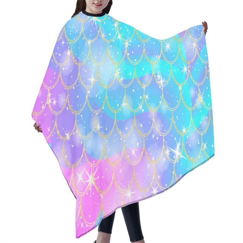 Personality  Holographic Rainbow Background. Gold Scales. Mermaid Print. Vector Hair Cutting Cape