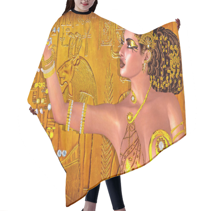 Personality  Egyptian Princess Adorned In Gold Jewelry And Gems. Digital Art Fantasy Scene. Hair Cutting Cape