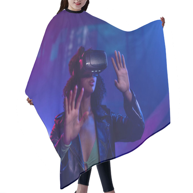 Personality  Metaverse Digital Cyber World Technology, A Woman With Virtual Reality VR Goggles Playing Augmented Reality Game, Futuristic Lifestyle Hair Cutting Cape