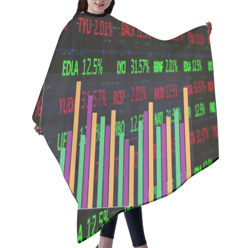 Personality  Image Of Colourful Graph Over Financial Data Processing On Black Background. Data, Finance, Digital Interface, Connection, Network And Global Communication, Digitally Generated Image. Hair Cutting Cape