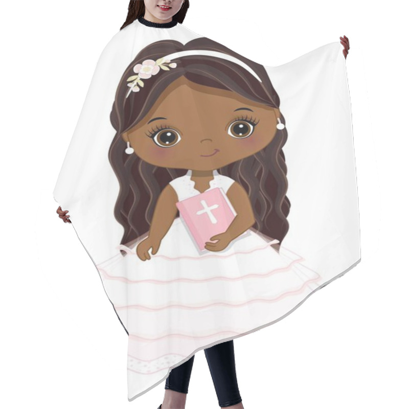 Personality  Little Black Girl Wearing Communion Lace White, Pink Dress And Floral Headband, Holding Holy Bible. Communion Afro Girl With Long Hair. Black Girl First Holy Communion Vector Illustration Hair Cutting Cape