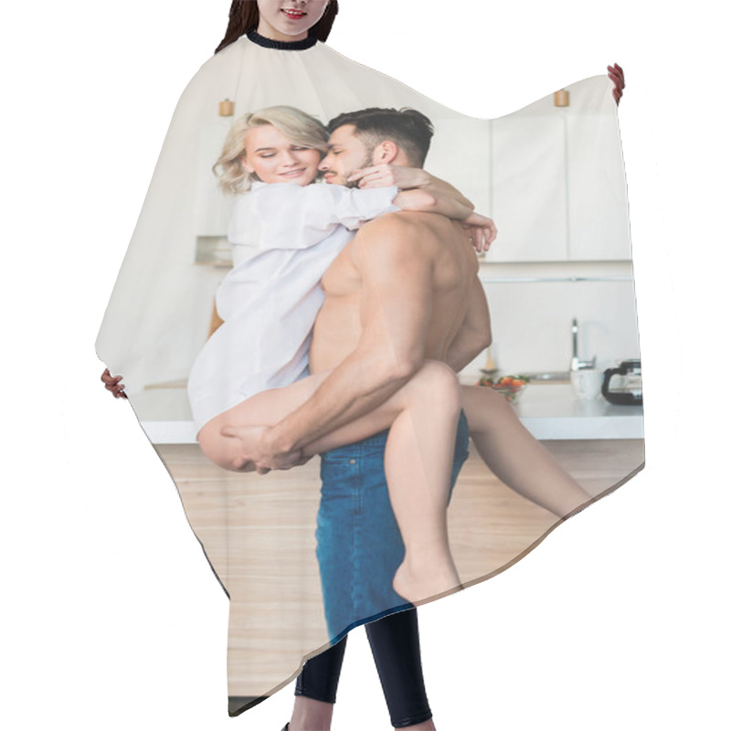 Personality  Handsome Shirtless Young Man Carrying And Hugging Sexy Girlfriend In Kitchen  Hair Cutting Cape