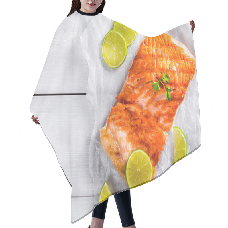 Personality  Salmon Fillet On A White Parchment Paper, Top View Hair Cutting Cape