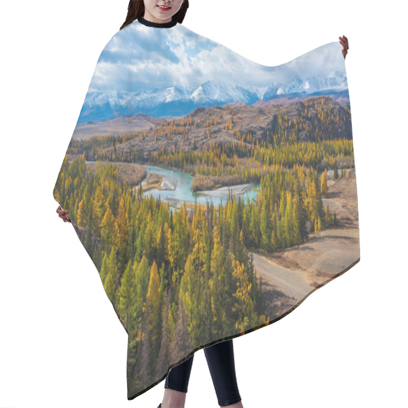 Personality  Scenic View Of Altai Mountains In Autumn With Vibrant Forests, Flowing River, And Hills Under A Bright Sky. Captures The Beauty Of The Season In A Wilderness Setting. Hair Cutting Cape