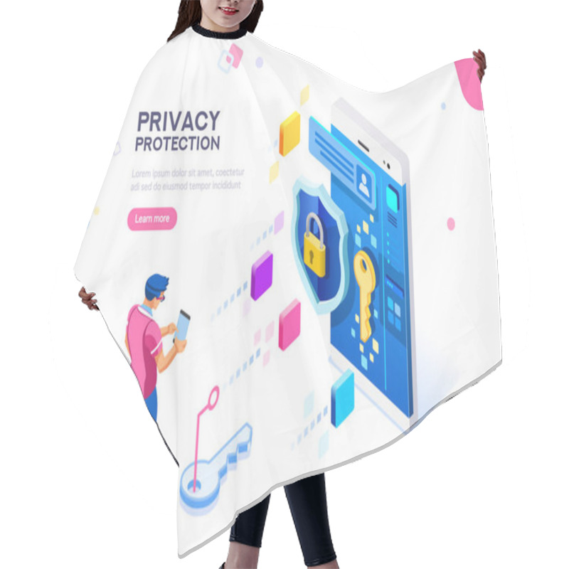 Personality  Infographic, Banner With Hero Protect Data And Confidentiality. Safety And Confidential Data Protection, Concept With Character Saving Code And Check Access. Flat Isometric Vector Illustration Hair Cutting Cape