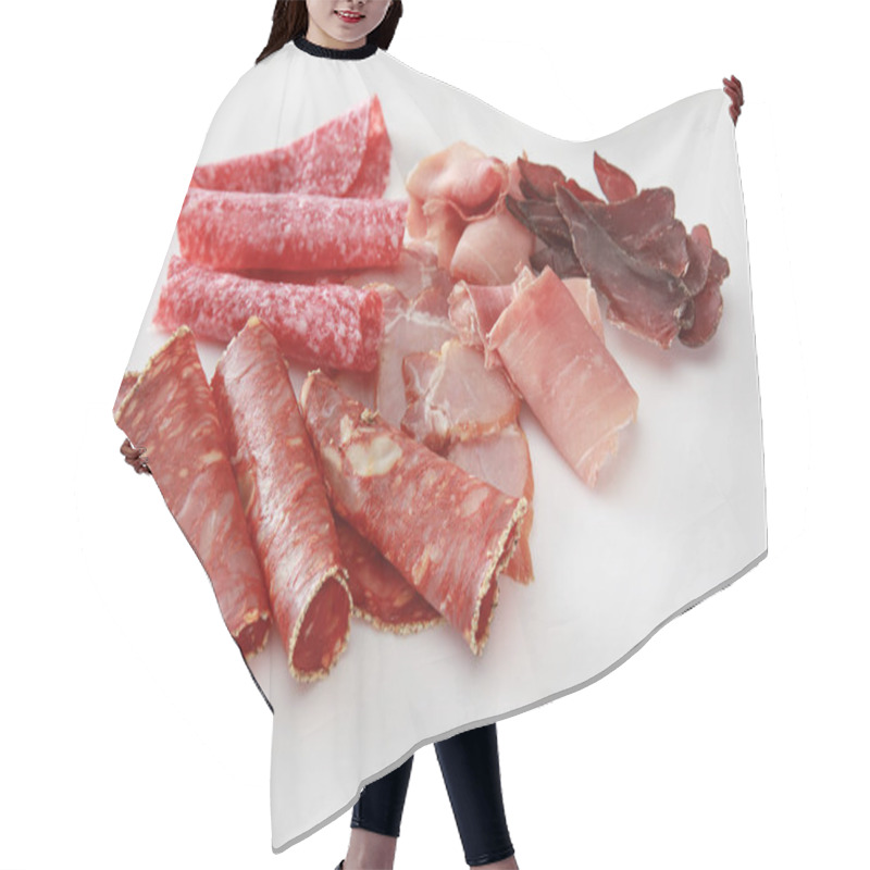 Personality  Fresh Delicious Assorted Sliced Meat Isolated On White Hair Cutting Cape