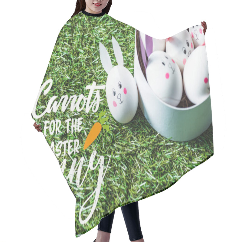 Personality  Chicken Eggs With Funny Bunny Faces And Paper Ears In Bowl On Green Grass Background With Carrots For Easter Bunny Lettering Hair Cutting Cape