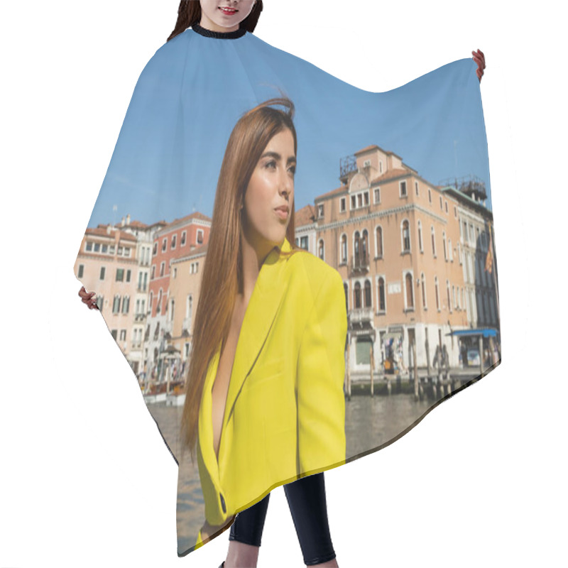 Personality  Redhead Woman In Yellow Crop Jacket Looking Away Near Venetian Cityscape On Background Hair Cutting Cape