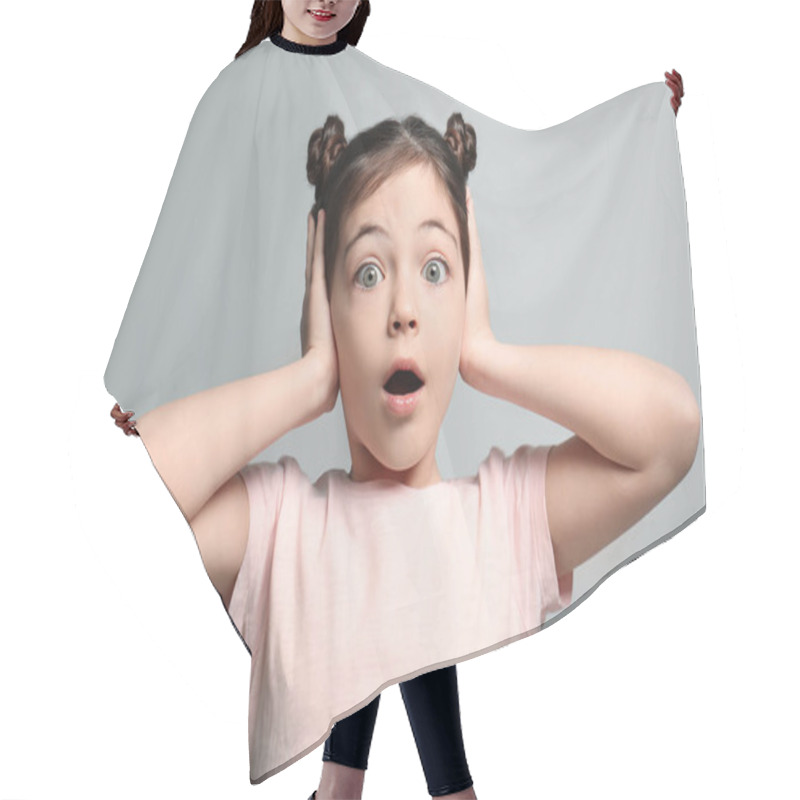 Personality  Little Girl Feeling Fear On Grey Background Hair Cutting Cape