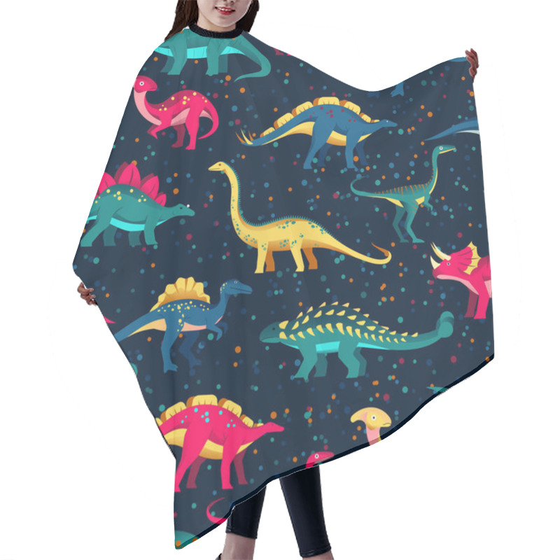 Personality  Colorful Cute Dinosaurs On Black Background. Vector Seamless Pattern. Fun Textile Cartoon Kids Print Design. Hair Cutting Cape