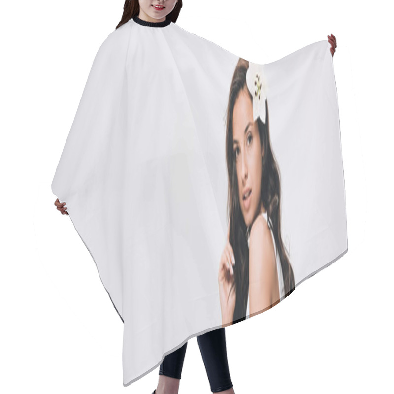 Personality  Panoramic Shot Of Brunette Beautiful Woman With Lily In Long Healthy Hair Isolated On Grey Hair Cutting Cape