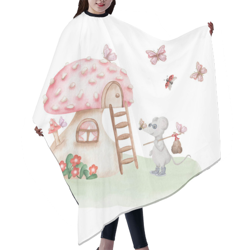 Personality  Watercolor Illustration Of Hand Painted Red Mushroom House, Travelling Grey Mouse With Bag, Butterfly, Lady Bug, Flowers. Toadstool Cottage. Fungus Hut. Isolated Forest Clip Art For Textile, Stickers Hair Cutting Cape