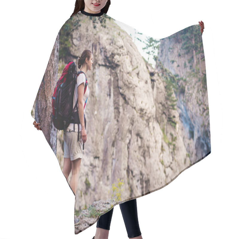 Personality  Caucasian Hiker Woman On Trek In Mountains With Backpack Living A Healthy Active Lifestyle. Hiker Girl On Nature Landscape Hike In Crimea. Hair Cutting Cape