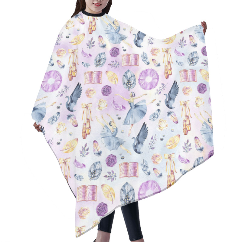 Personality  Watercolor Seamless Border Patterns With Little Ballerinas, Pointe Shoes, Ballet Accessories And Flowers On White And Color Background. Hair Cutting Cape