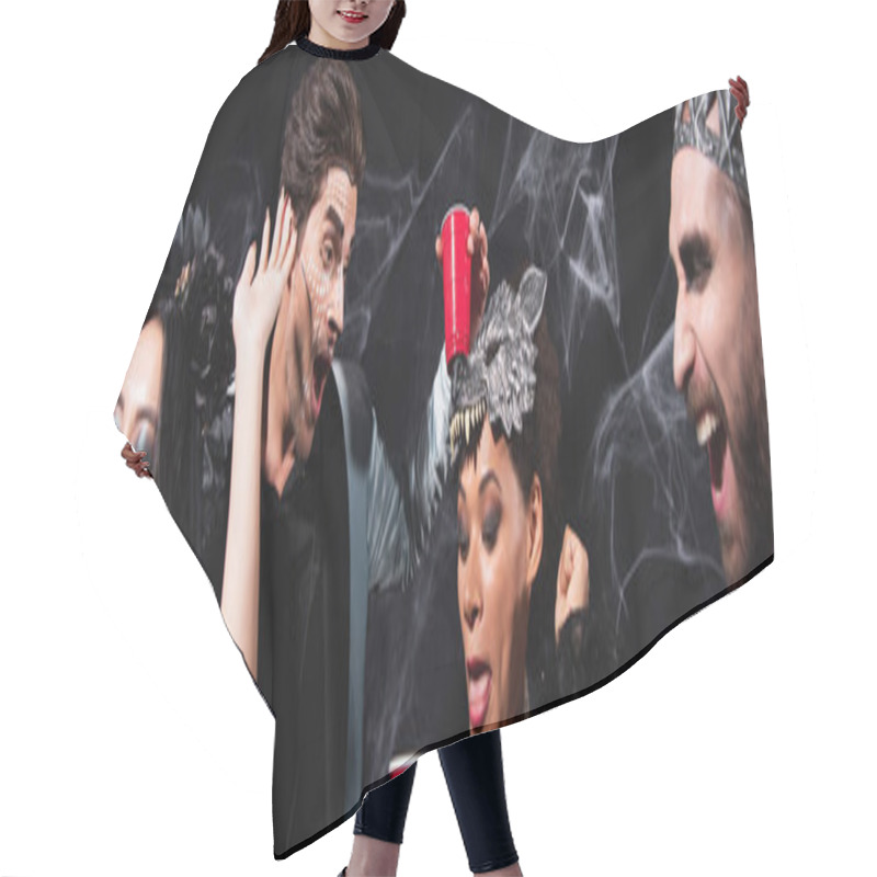 Personality  African American Woman Sticking Out Tongue While Dancing With Multiethnic Friends On Halloween Party On Black, Banner Hair Cutting Cape