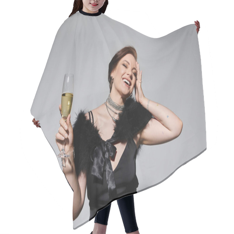 Personality  A Young, Beautiful Woman Enjoys A Moment Of Joy While Holding A Glass Of Champagne Gracefully. Hair Cutting Cape