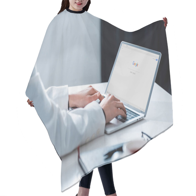 Personality  Cropped View Of Woman Using Laptop With Google Website On Screen At Office Desk Hair Cutting Cape