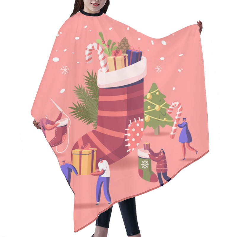 Personality  Happy Characters Celebrating Christmas Party Having Fun And Dancing At Huge Sock With Gifts And Decorated Fir Tree Hair Cutting Cape