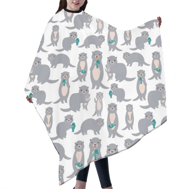 Personality  Seamless Pattern Kawaii Grey Otters Family With Children With Fish On White Background. Vector Illustration Hair Cutting Cape