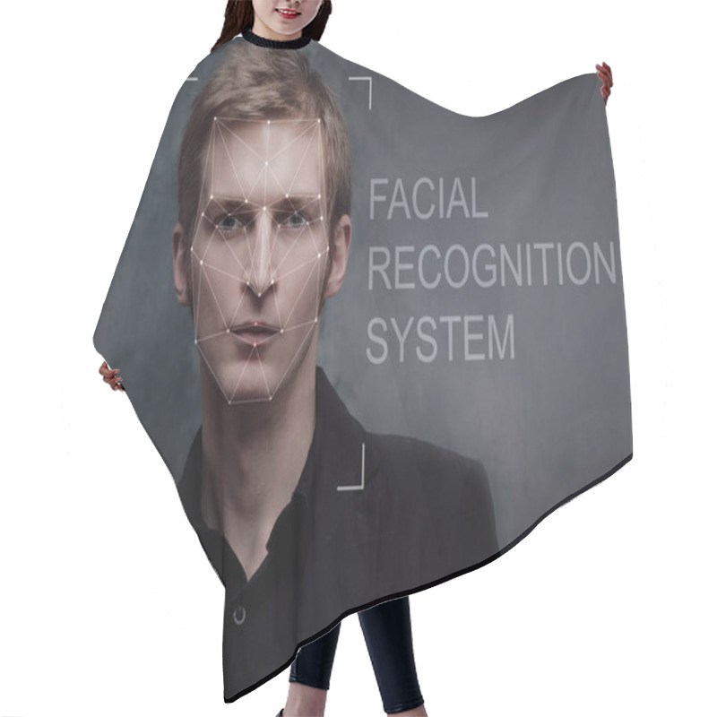 Personality  Facial Recognition System, Concept. Young Man On Grey Background, Face Recognition Hair Cutting Cape