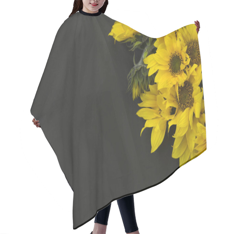 Personality  Bouquet Of Yellow Blooming Sunflowers On A Black Background, Chalk Board. There Is A Place For Text. Hair Cutting Cape