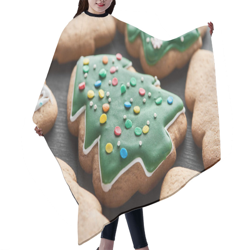 Personality  Close Up View Of Delicious Glazed Christmas Tree Cookies Hair Cutting Cape