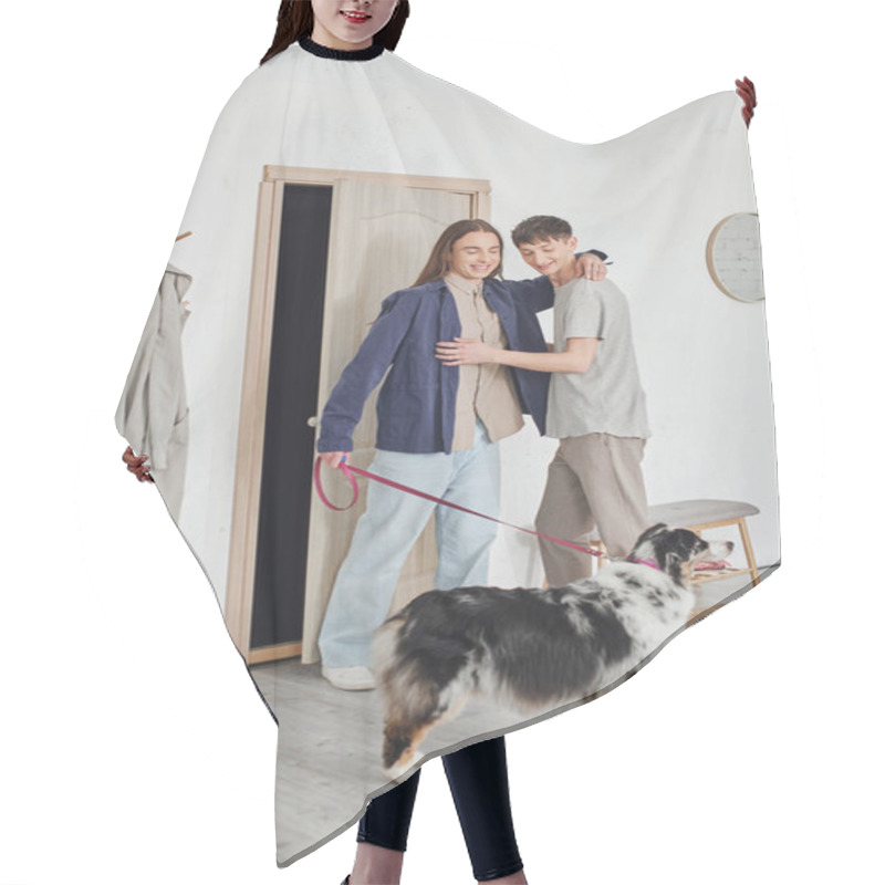 Personality  Happy Gay Couple In Casual Outfits Standing And Hugging Each Other In Hallway Next To Coat Rack And Holding Leash Near Australian Shepherd Dog And Smiling Together In Modern Apartment Hair Cutting Cape