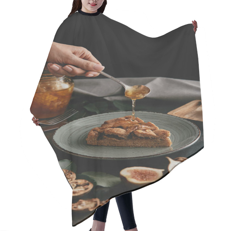 Personality  Partial View Of Woman Pouring Honey On Piece Of Homemade Pie Hair Cutting Cape