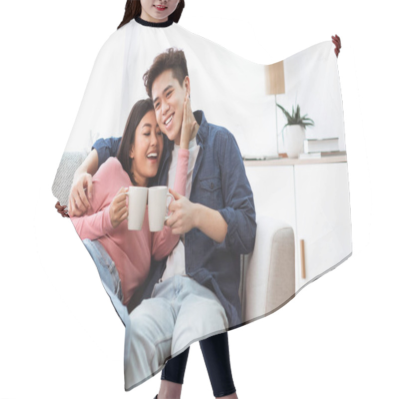 Personality  Loving Asian Husband And Wife Drinking Morning Coffee At Home Hair Cutting Cape