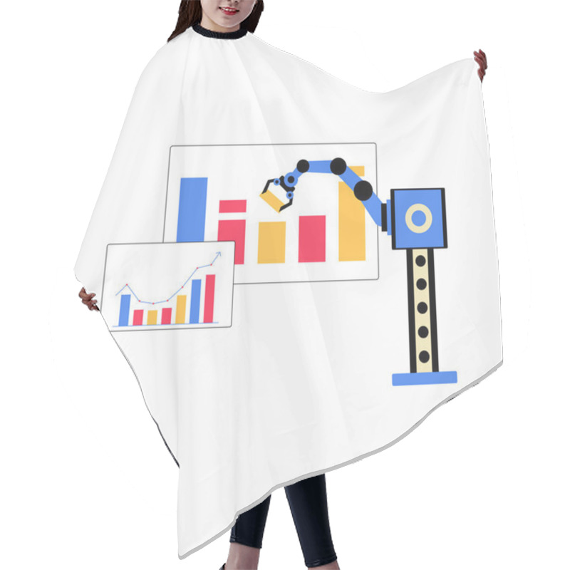 Personality  A Robotic Arm Adjusts Business Charts With Bar Graphs Symbolizing Automation, Data Analysis, And Efficiency In Business Settings. Flat Vector Illustration, Isolated On White. Hair Cutting Cape