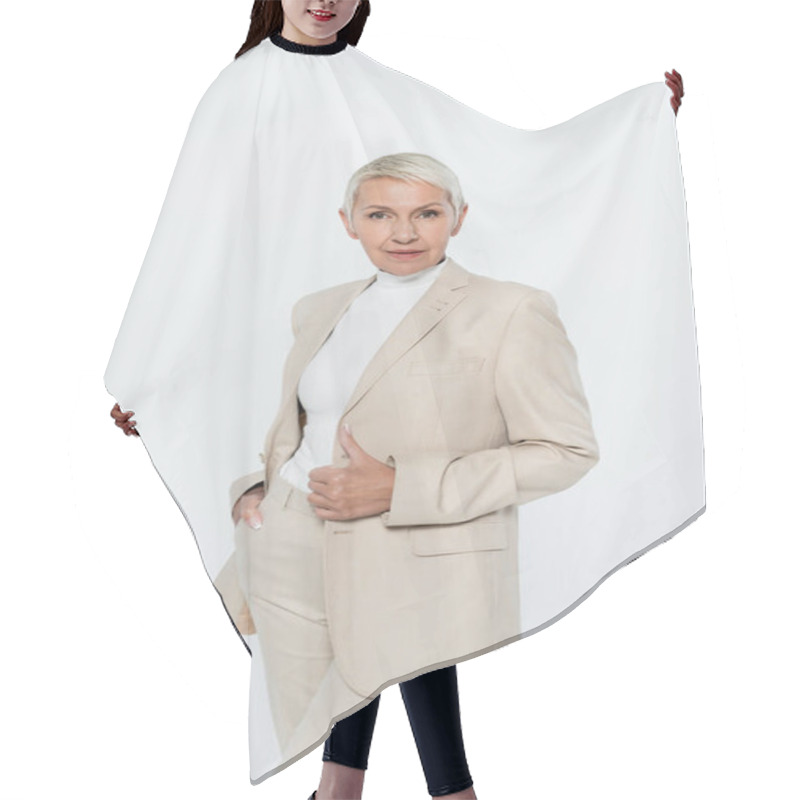 Personality  Grey Haired Businesswoman Posing Isolated On Grey, Feminism Concept Hair Cutting Cape