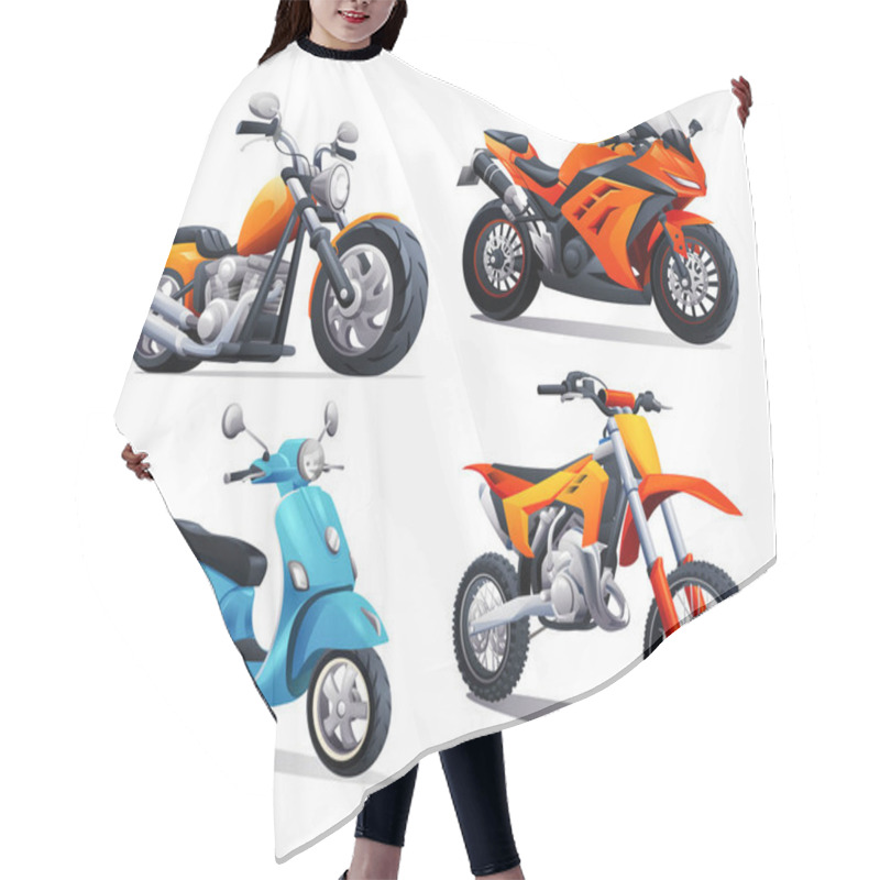 Personality  Motorcycle Set Vector Cartoon Illustration. Chopper, Sport Bike, Scooter, Motocross Isolated On White Background Hair Cutting Cape