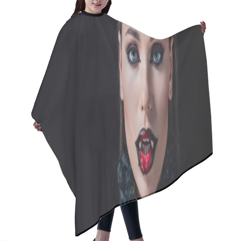 Personality  Panoramic Shot Of Scary Vampire Girl With Fangs Isolated On Black Hair Cutting Cape