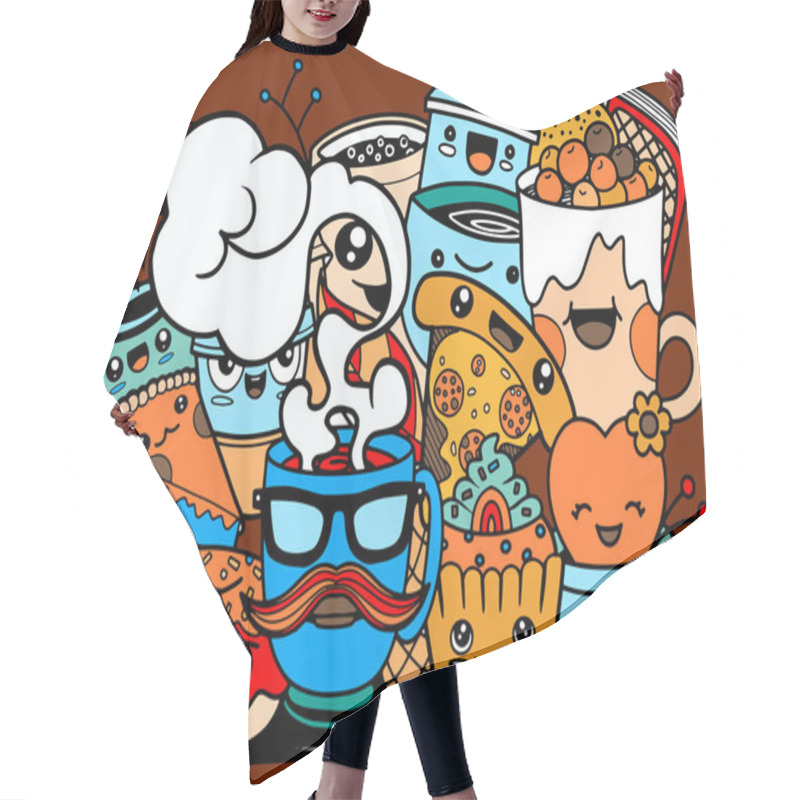 Personality  Vector Illustration Of  Funny Cartoon Doodle Coffee Cup,. Coffee Hair Cutting Cape