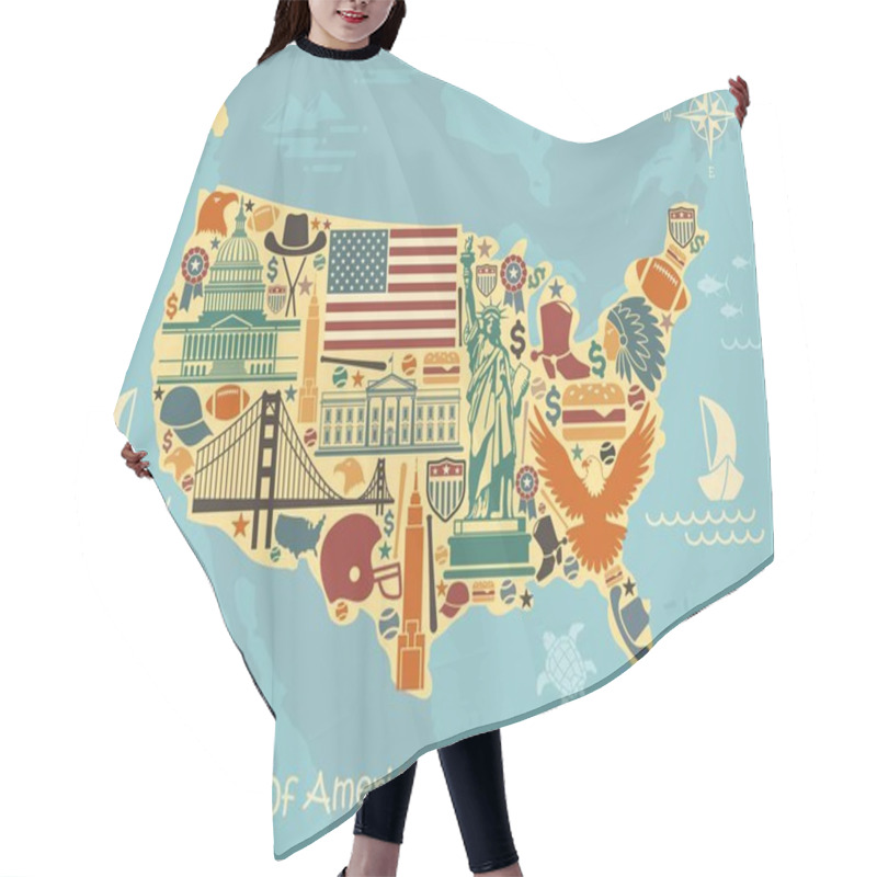 Personality  Stylized Map Of USA With Traditional Symbols Hair Cutting Cape