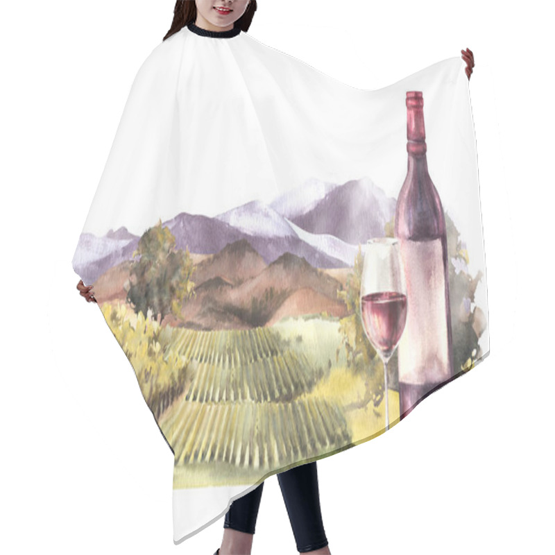 Personality  Watercolor Wine Label Bottle And Glass Of Wine In Front Of Vineyards Rural Landscape With Grape Fields, Trees, Hills And Mountains Winemaking Farm. Hand Draw Illustration Isolated On White Background  Hair Cutting Cape