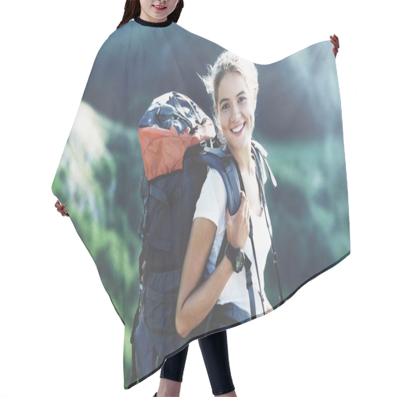 Personality  Young Female Hiker With Backpack Hair Cutting Cape