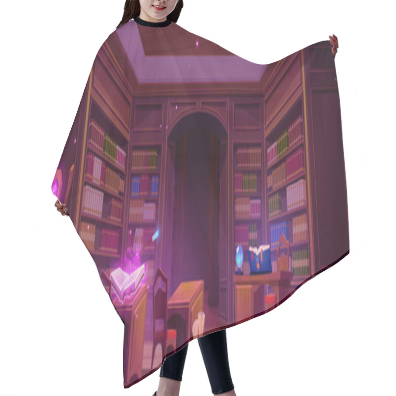 Personality  Magic School Library Interior. Vector Cartoon Illustration Of Dark Room With Vintage Bookcases, Many Books On Shelves, Spellbook On Desk, Broomstick And Staff With Gemstone, Fortunetelling Crystal Hair Cutting Cape