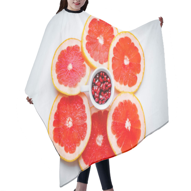 Personality   Table With Knife, Juicy Grapefruit Slices With Pomegranate Seeds In White Coffee Cup Hair Cutting Cape