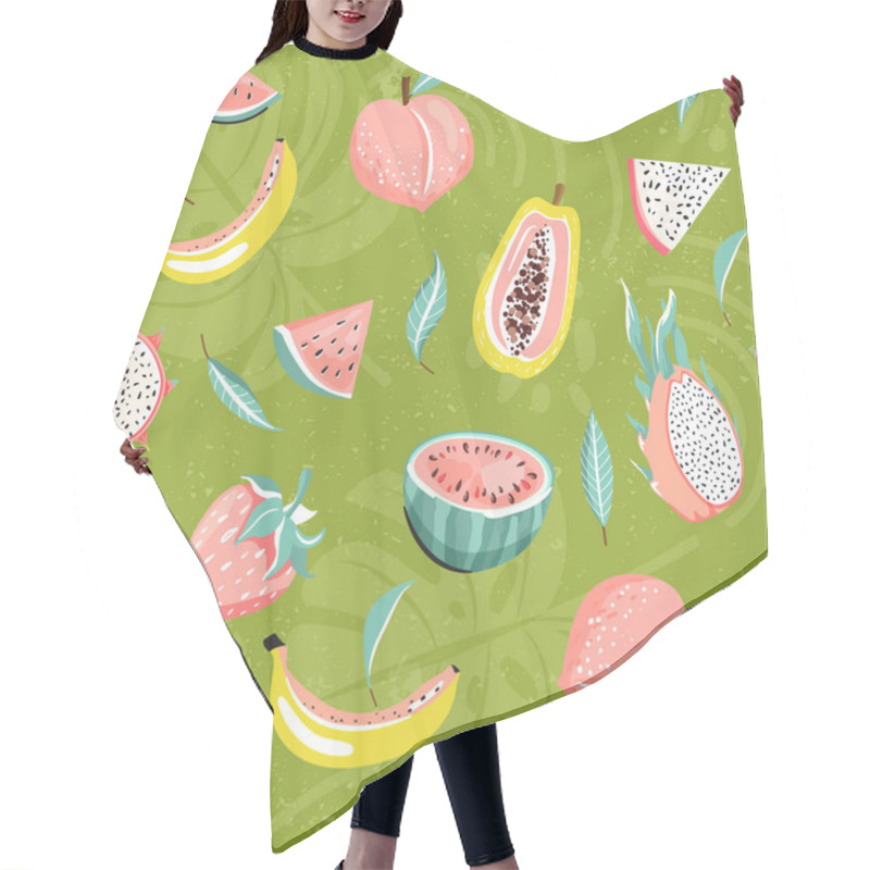 Personality  Modern Seamless Tropical Pattern With Watermelon, Dragon Fruit, Strawberry, Papaya, Peach, Lemon, Kiwi, Banana And Leaves. Hair Cutting Cape