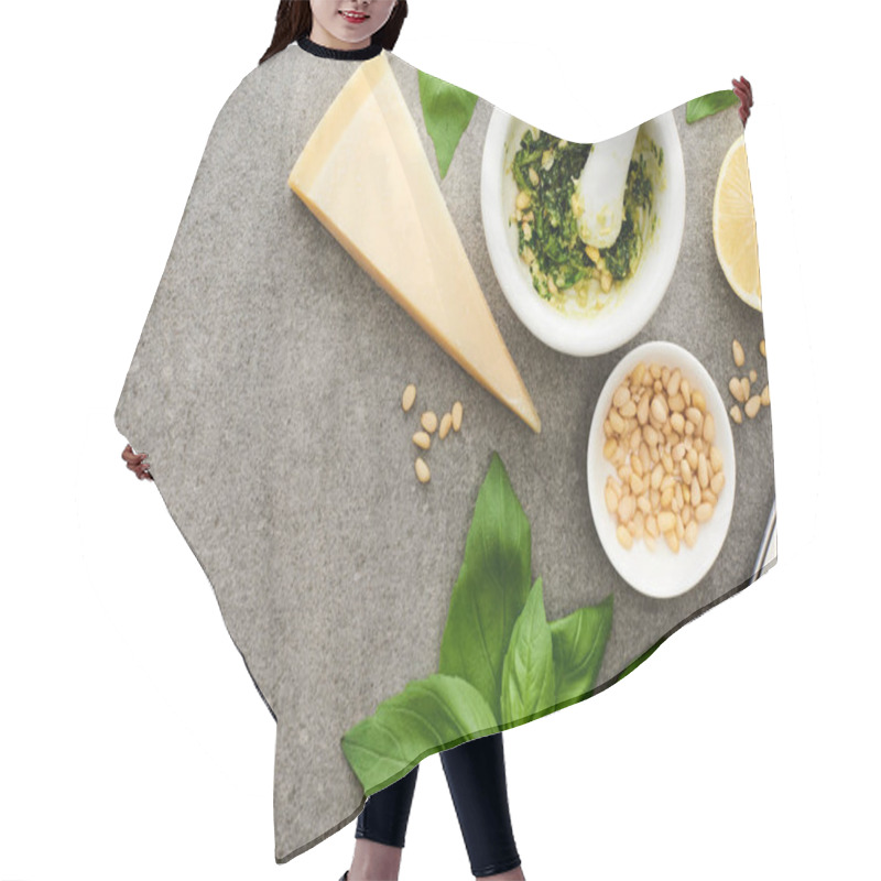 Personality  Top View Of Pesto Sauce Raw Ingredients And Cooking Utensils On Grey Surface Hair Cutting Cape