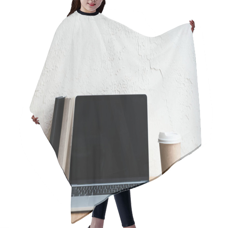 Personality  Laptop, Smartphone, Smartwatch And Coffee To Go On Wooden Table Hair Cutting Cape