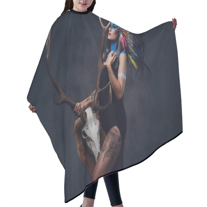 Personality  Female With Indian Feather Hat Hair Cutting Cape