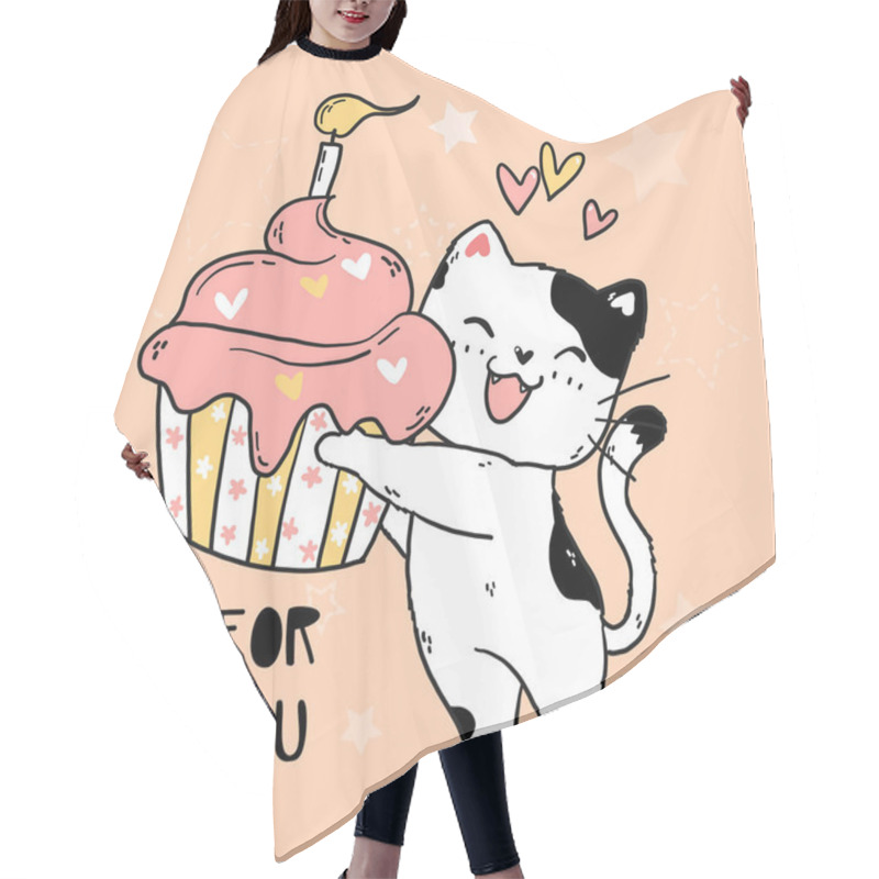 Personality  Cute Doodle Happy Smile White Cat Hold Pink Muffin With Birthday Candle, Idea For Sublimation, Greeting Card, Cut File, Printing, Printable, T Shirt, Kid Cartoon Hair Cutting Cape