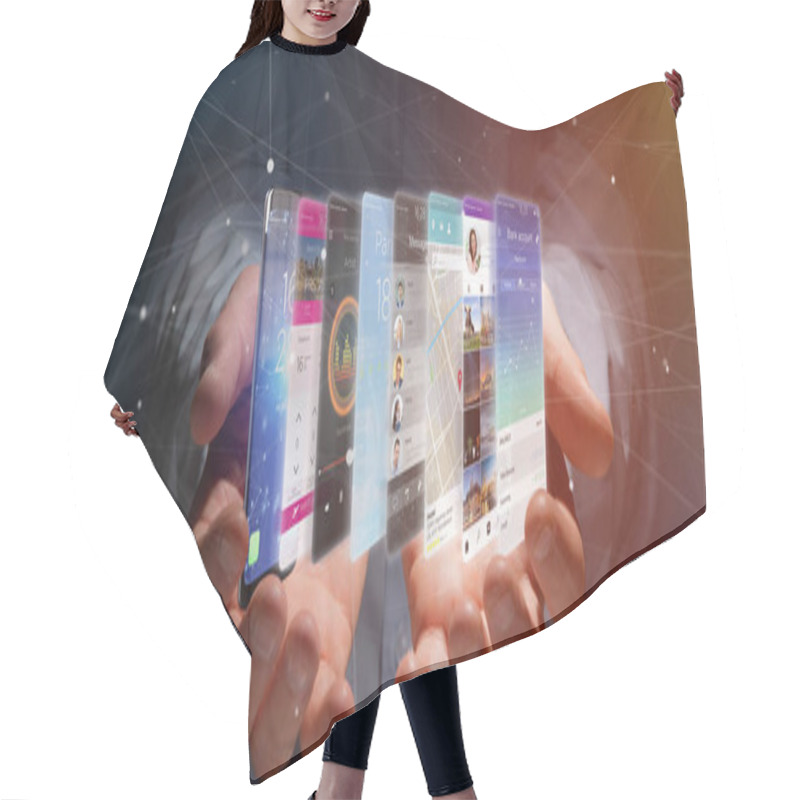 Personality   Businessman Holding 3d Rendering App Template  Hair Cutting Cape