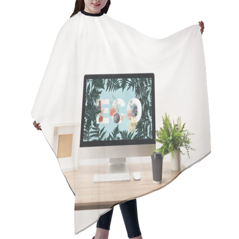 Personality  Computer With Green Leaves And Eco Lettering On Monitor On Wooden Desk Hair Cutting Cape