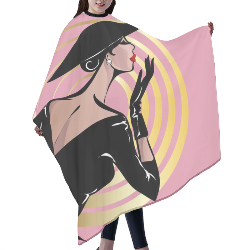 Personality  Black And White Retro Fashion Woman Model. Hand Drawn Vector Hair Cutting Cape