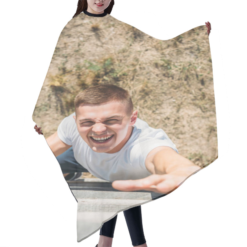 Personality  Overhead View Of Young Soldier Climbing Wooden Barrier During Obstacle Run On Range Hair Cutting Cape