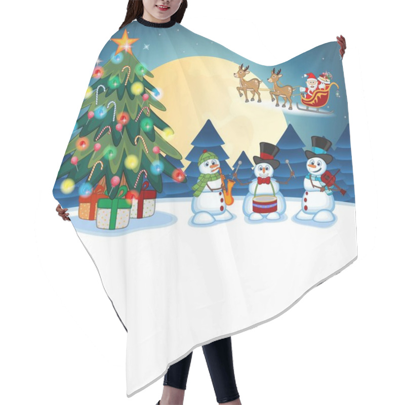 Personality  Santa Claus Moving On The Sledge With Reindeer And Brings Many Gifts With Christmas Tree And Snowman Playing Saxophone, Drums And Violin With Full Moon At Night Vector Illustration Hair Cutting Cape