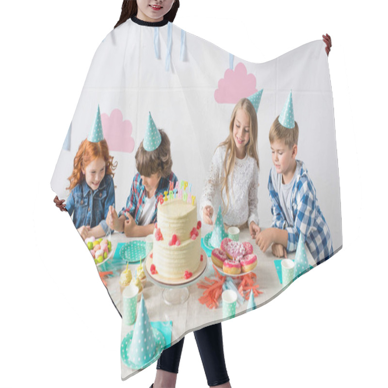 Personality  Happy Kids At Birthday Table  Hair Cutting Cape